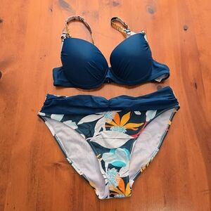 Navy Floral Flowers Padded Bikini Set Full Coverage Low Rise Size Medium